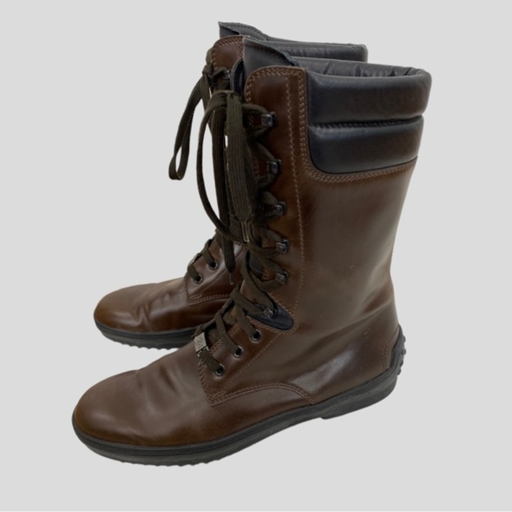 Tod’s Brown + Black Leather Mid Calf Lace Up Boots
